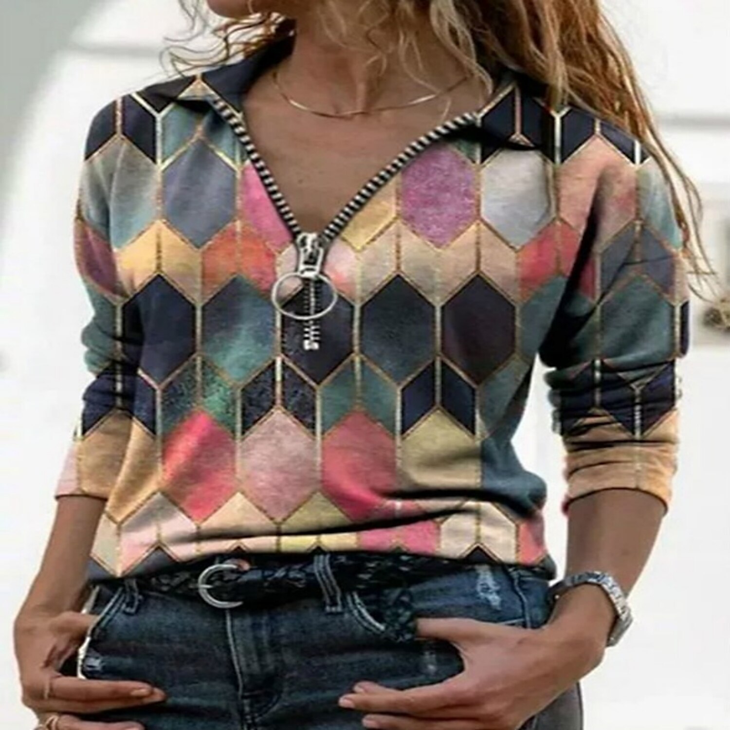 Women's T shirt Tee Blue Purple Orange Geometric Color Block Quarter Zip Print Long Sleeve Casual Daily Basic Shirt Collar Regular S 2025 - $29.99 –P4