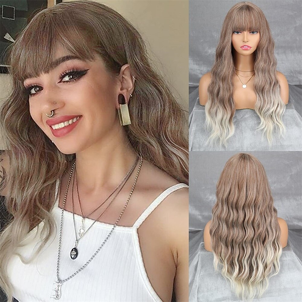 lang oransje parykk med pannelugg bølget krøllet ingefær bangs parykk syntetisk kvinner oransje lang parykk naturlig leter etter daglig og halloween fest 2025 - $29.99 –P15