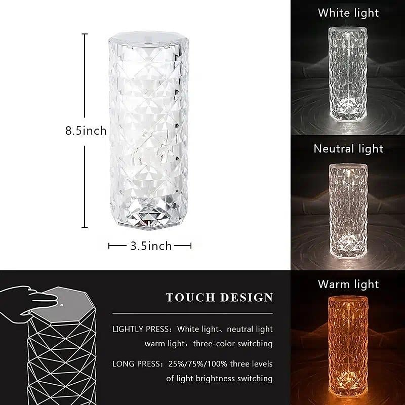 Crystal Table Lamp Rose Light LED Projector 3 Colors Touch Adjustable Romantic Diamond Atmosphere Light USB Touch Night Light For Bar, Bedroom, Christmas Valentine's Gift For Kids Girls Lover 2025 - $17.99 –P8