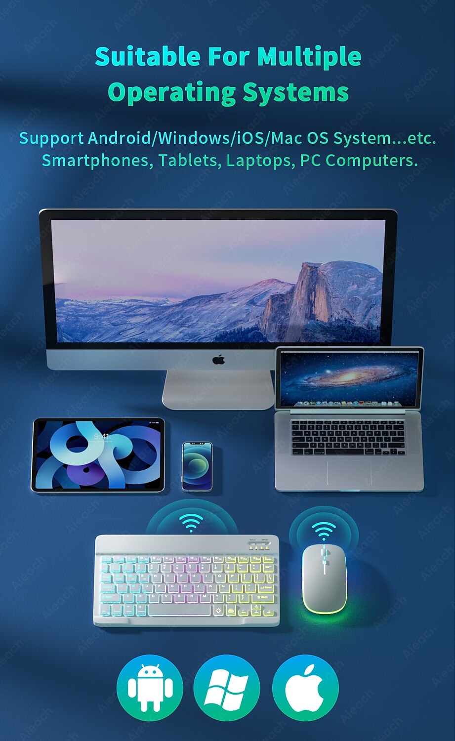 Keyboard and Mouse Combo For Tablet Android iOS Windows, Wireless Slim Mouse Keyboard Combo, Bluetooth Rainbow Backlit Keyboard 2025 - $43.99 –P4