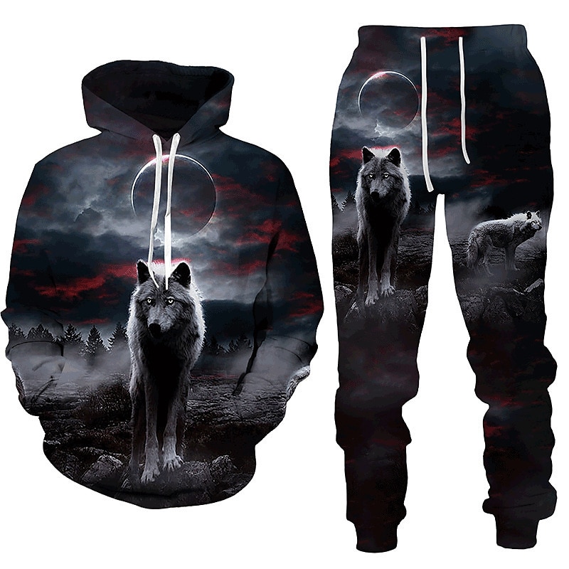 Men's Graphic Animal Wolf 2pcs 3D Sweatshirt Sets Tracksuit Hoodies Long Sleeve Long pants Hooded Streetwear Designer Basic Sports & Outdoor Casual Sports Print Spring Fall Black White Blue 2025 - $38.99 –P3