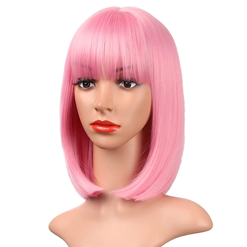 rosa bob parykker med smell 12 tommer korte rett bob parykker fargerik syntetisk cosplay daglig fest parykk for kvinner 2025 - $22.99 –P3