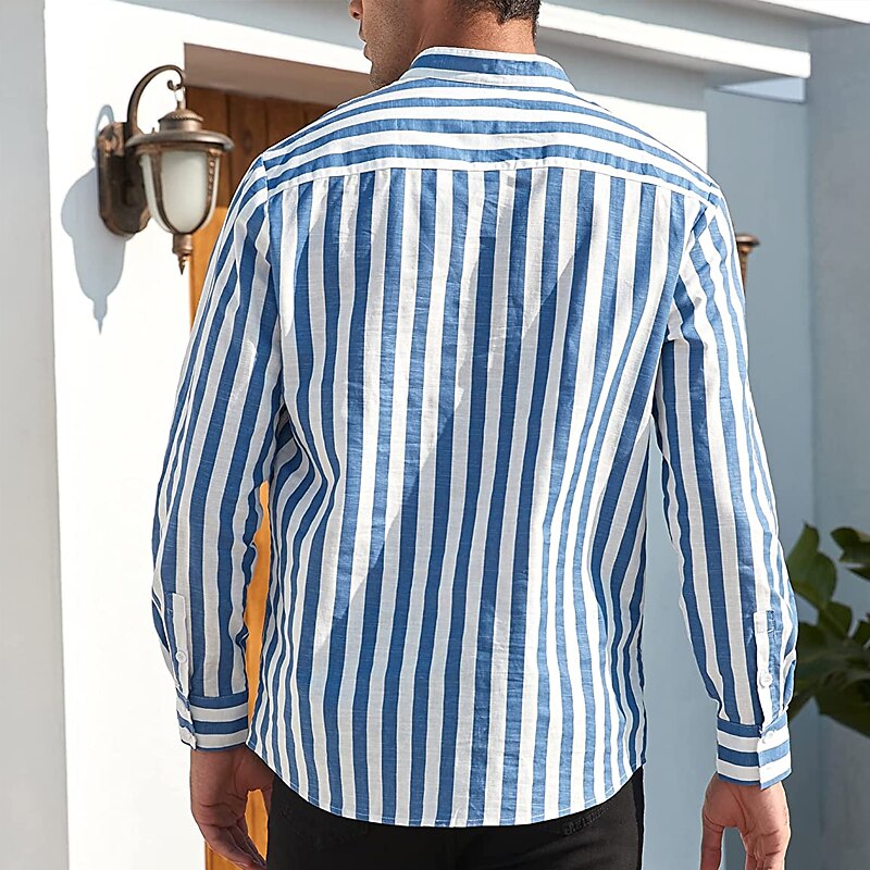 Herren Hemd Hemd mit chinesischem Kragen Hemd mit Stehkragen Popover-Hemd Sommerhemd Freizeithemd Schwarzgrau Blau Staubiges Blau Grün Langarm Gestreift Schwarz & Weiß Kragen Lässig Täglich 2025 - $21.99 –P10