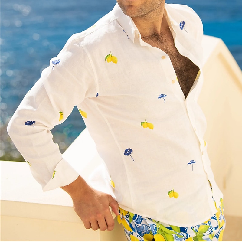 Voor heren Citroengeel Overhemd Hawaiiaans overhemd Aloha-shirt Lange mouw Overhemd Strijkijzer Tropisch Modieus Streetwear Straat Casual Hawaii Wit S M L 2025 - $26.99 –P1