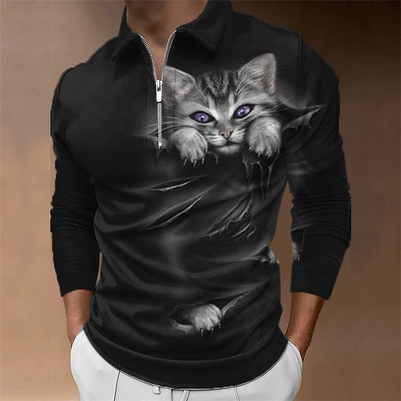 Herren Katze Poloshirts mit Reißverschluss Golfshirt Langarm Polo-Shirts Hemden mit Kragen Lässig Lustig Streetwear Urlaubskleidung Party-Outfits 3D-Druck Viertelreißverschluss-Poloshirt Schwarz 2026 - $25.99 –P5
