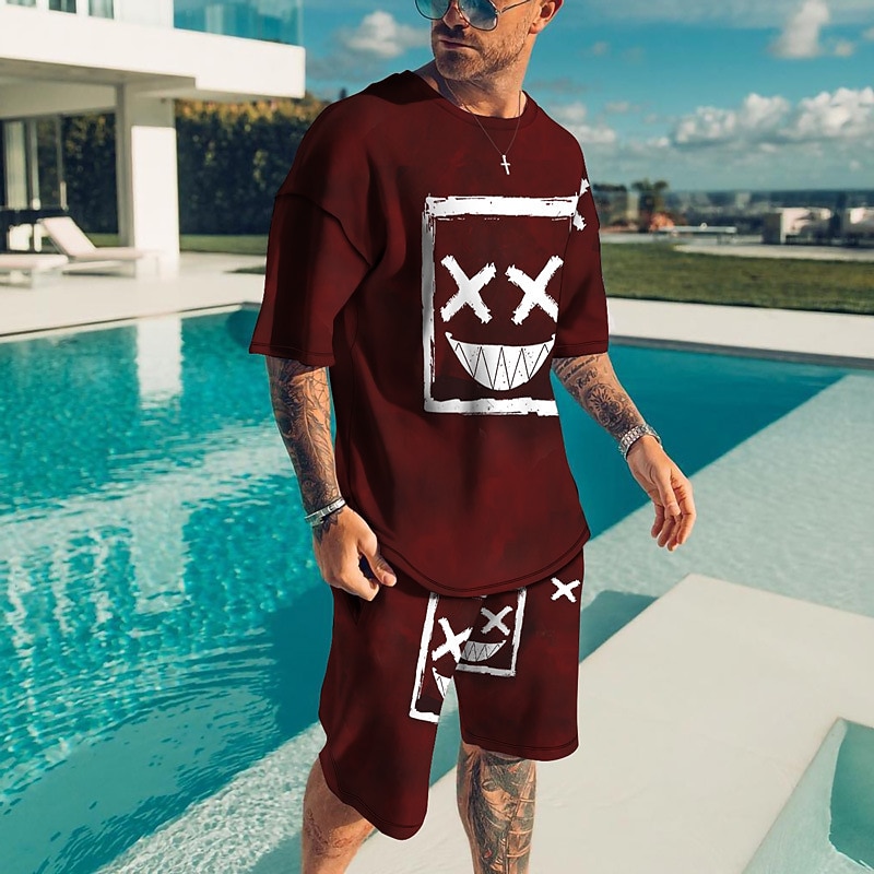 Herr Grafisk Grimas 2st T-shirts uppsättningar Matchande set Kortärmad Korta byxor Rund hals Designer Ledigt Bekväm Utomhus Semester Dagligen 3D-utskrift Vår & sommar Ljusgul Mörkgul Svart och Röd 2025 - $30.99 –P6