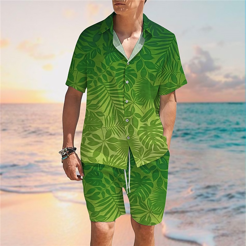 Voor heren Grafische prints Bladeren Overhemden Sets Overhemdset Korte mouw Strijkijzer Tropisch Modieus Hawaii Straat Casual Hawaii Afdrukken Zomer Lente blauw Groen 2025 - $35.99 –P2