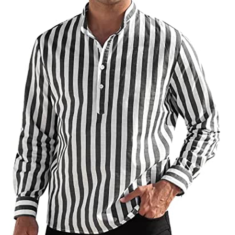Herren Hemd Hemd mit chinesischem Kragen Hemd mit Stehkragen Popover-Hemd Sommerhemd Freizeithemd Schwarzgrau Blau Staubiges Blau Grün Langarm Gestreift Schwarz & Weiß Kragen Lässig Täglich 2025 - $21.99 –P13