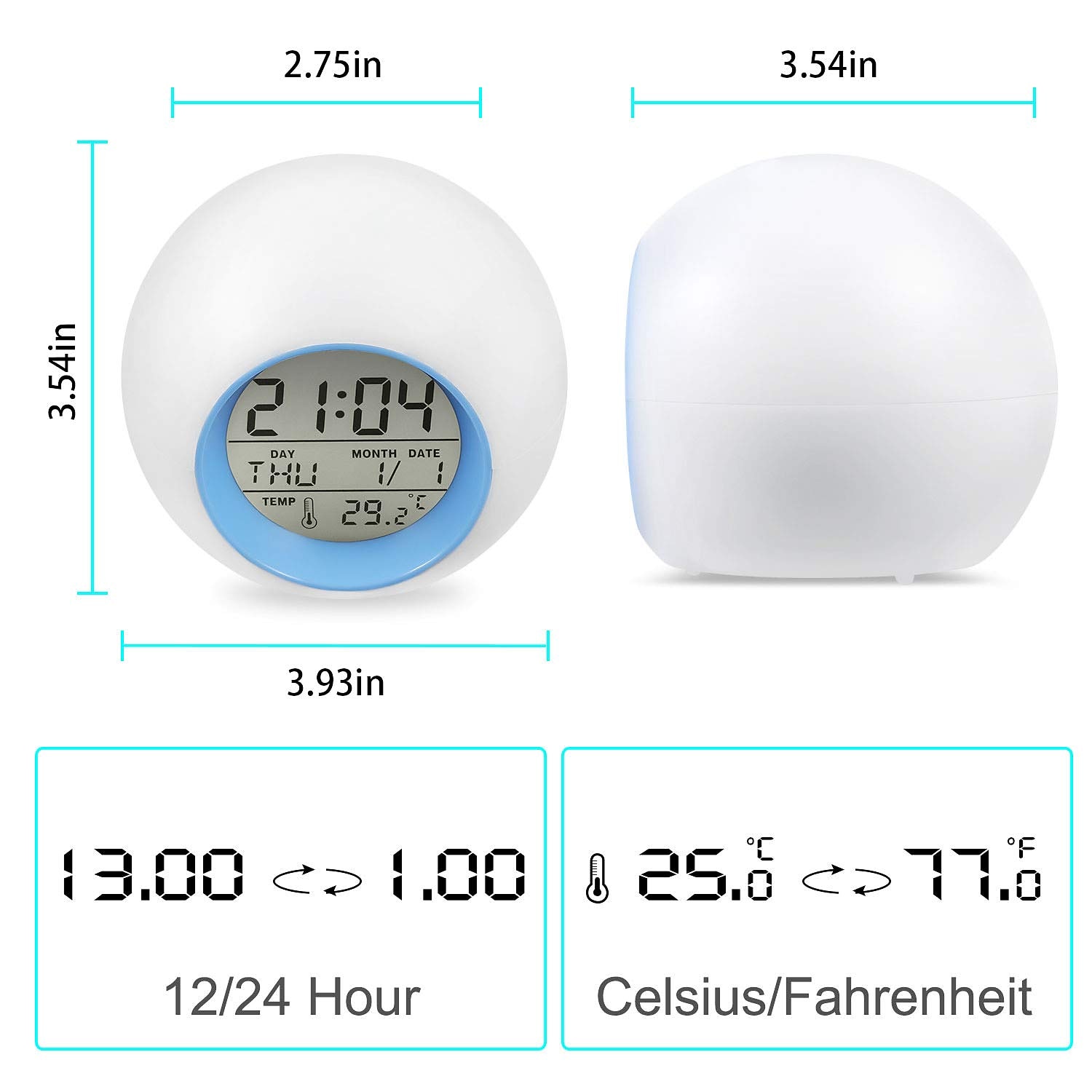 ألوان LED الذكية ساعة منبه رقمية ملونة تتغير مع اللمس للأطفال والأولاد، ساعة منبه تنبيه للنوم مقياس حرارة موسيقى طبيعية هدايا 2025 - $15.49 –P9