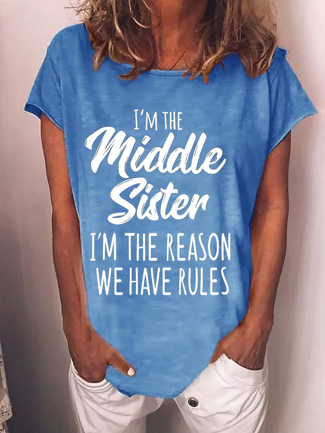 Mulheres Camiseta Texto Básico Manga Curta Decote Redondo Tops regulares Casual Final de semana Verde Claro Rosa Pêssego Azul Azul Céu de 2025 por $3.39 –P4