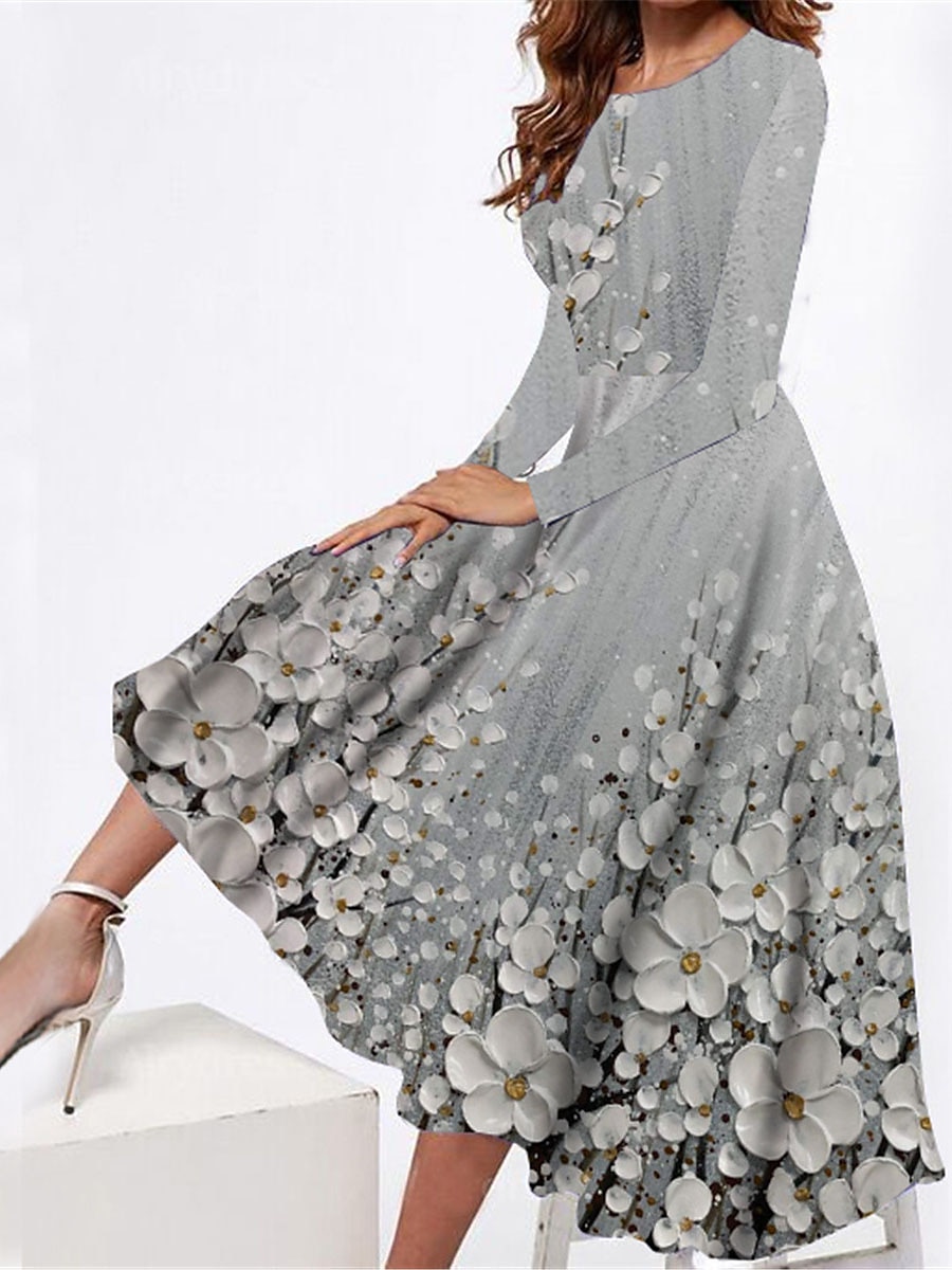 Abito Midi Donne Abito Casual Abito Invernale Abito Swing Moda Modesta Formale Esterno Festa Vestibilità Normale Fiori Maniche Lunghe Collo Crew Grigio Primavera Autunno Inverno Autunno del 2025 a $36.99 –P1