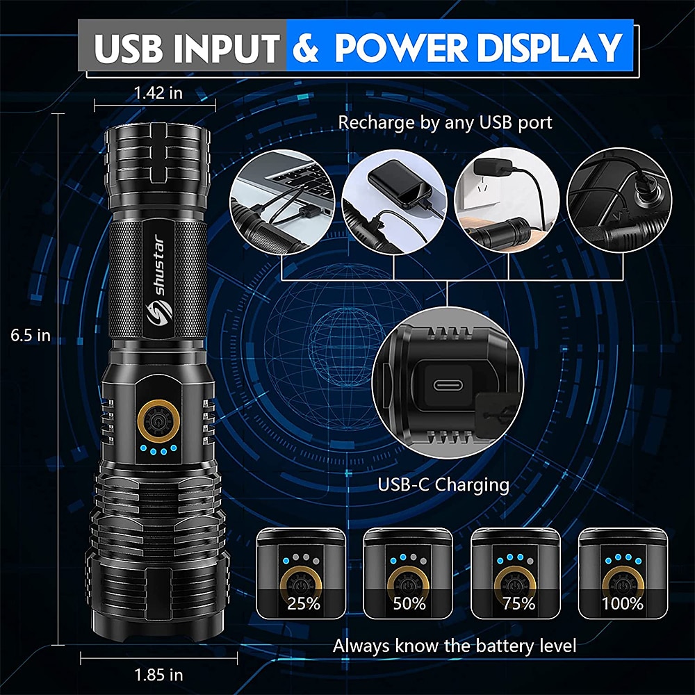 USB Rechargeable LED Flashlight, Tactical Torch Zoomable Waterproof 5 Lighting Modes Quad-core with XHP70.2 Lamp Bead for Camping Hiking 2025 - $23.99 –P3