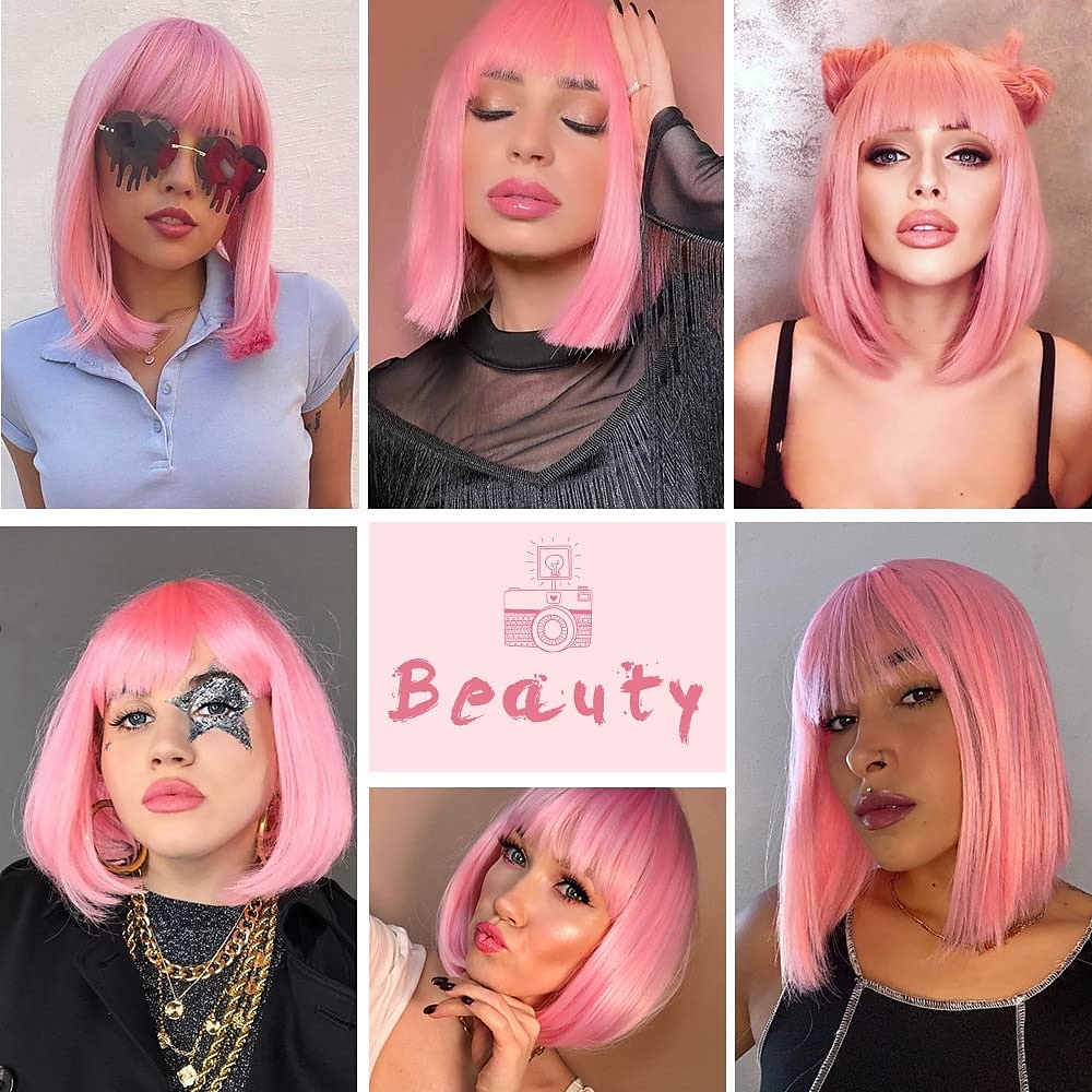 roze bob pruiken met pony 12 inch korte rechte bob pruiken kleurrijke synthetische cosplay dagelijkse feestpruik voor vrouwen 2026 - $22.99 –P6
