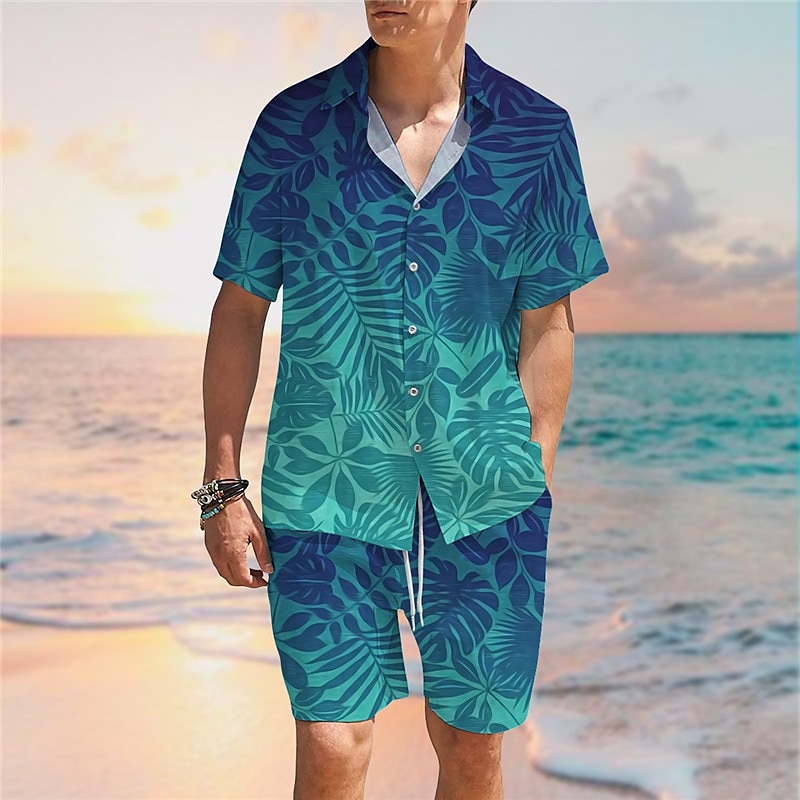 Voor heren Grafische prints Bladeren Overhemden Sets Overhemdset Korte mouw Strijkijzer Tropisch Modieus Hawaii Straat Casual Hawaii Afdrukken Zomer Lente blauw Groen 2025 - $35.99 –P1