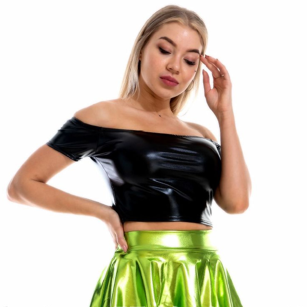 Metallic 1980s Shiny Latex Patent Crop Top PU Leather Off Shoulder Women's Carnival Costume Masquerade Party Bachelorette Party Pride Parade Adults' Top 2025 - $18.49 –P1