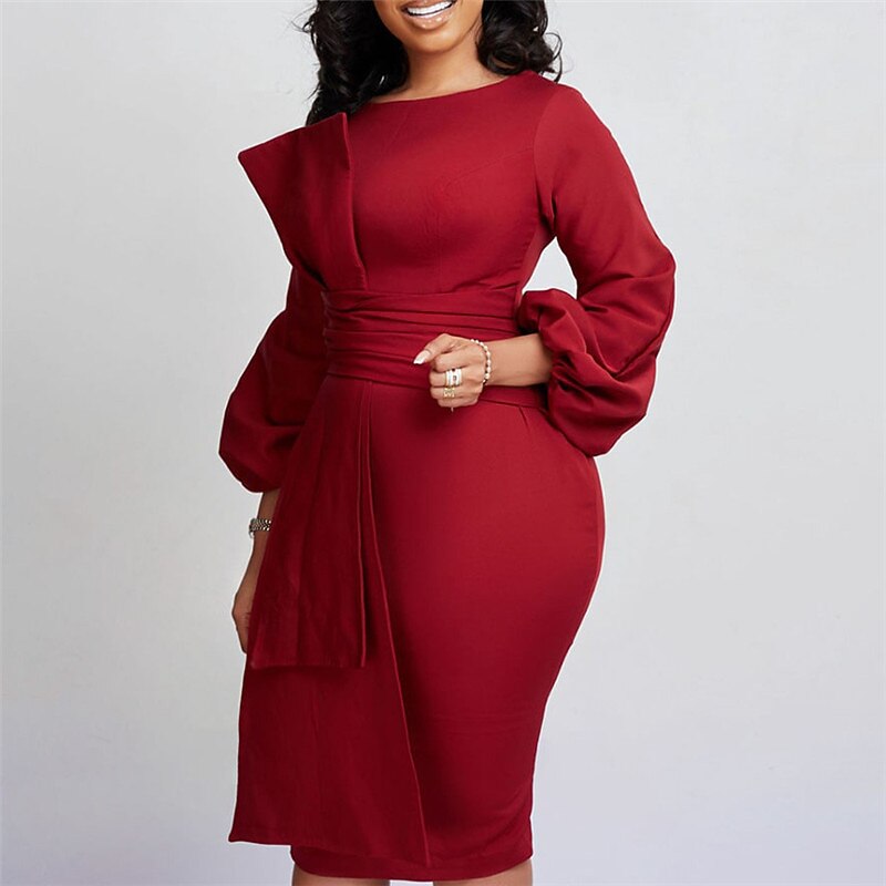 Women's Party Dress Work Dress Sheath Dress Midi Dress Black White Red Long  Sleeve Pure Color Ruffle Spring Fall Winter Crew Neck Fashion 2023 S M L XL  2XL 3XL 2026 - kr.499