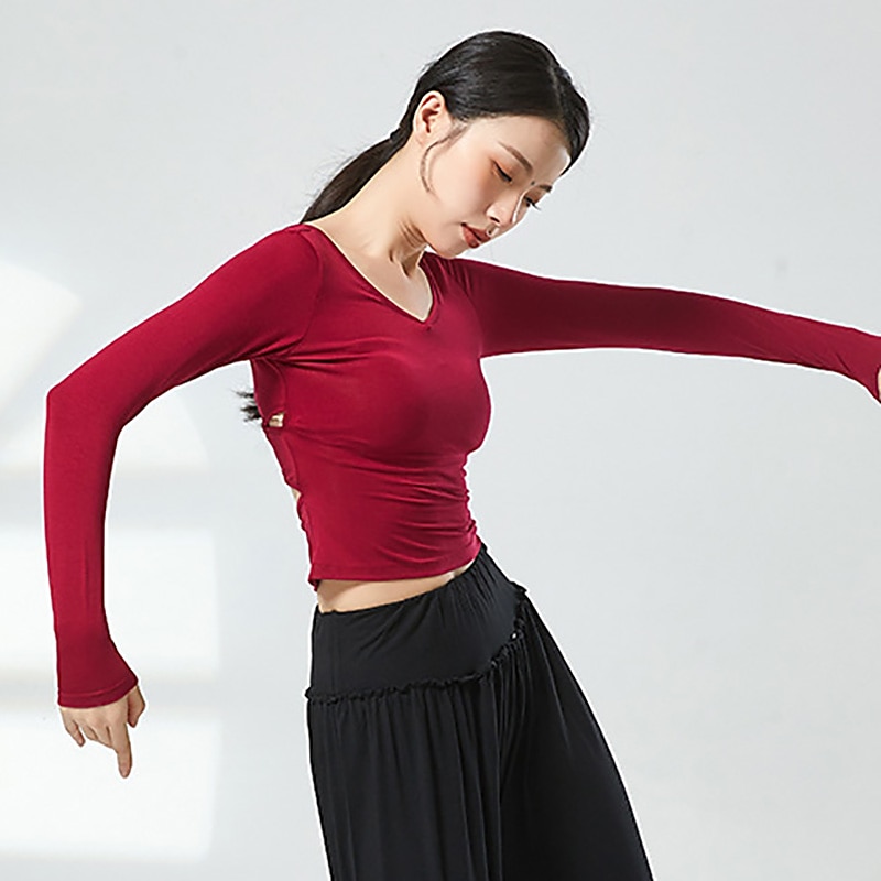 לבוש אקטיבי עליון פתחים צבע טהור בגדי ריקוד נשים הצגה הדרכה שרוול ארוך גבוה פוליאסטר 2026 - $15.99 –P3