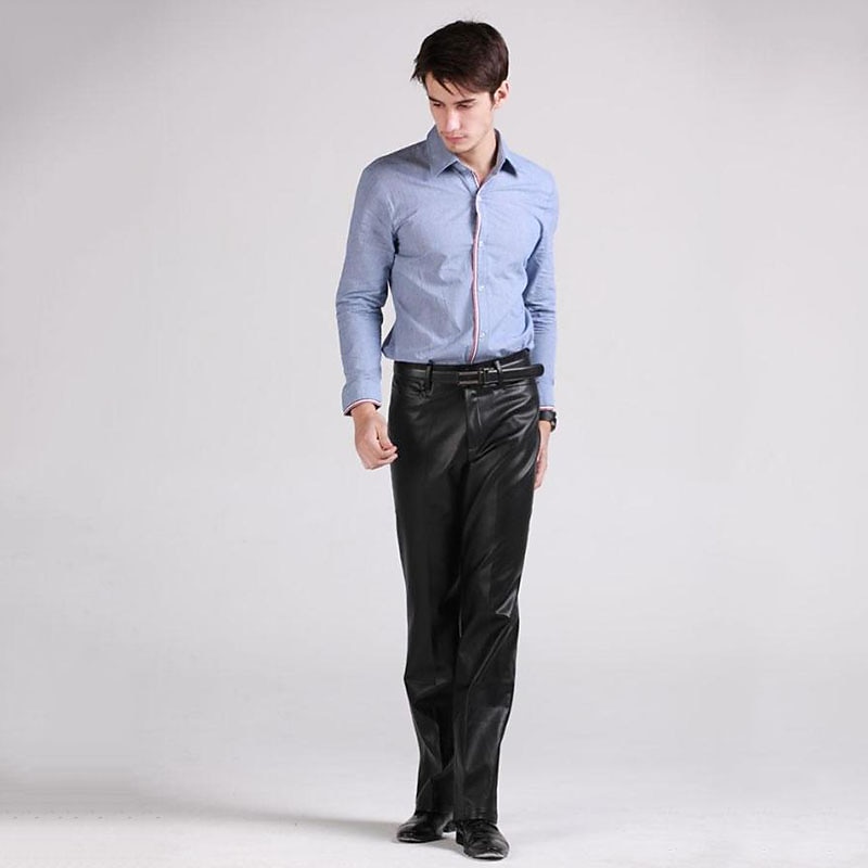 Men's Dress Pants Winter Pants Trousers Faux Leather Shorts Pocket Straight Leg Solid Colored Comfort Warm Wedding Office Business Faux Leather Streetwear Casual Black Micro-elastic 2026 - $71.99 –P13