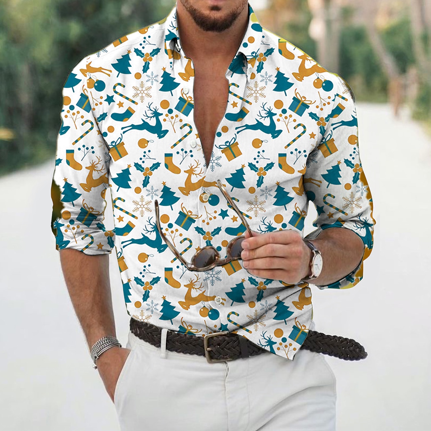 chemises imprimées pour hommes avec scène de Noël, chemises avec imprimés graphiques arbre élan, revers rouge vert violet vert bleu jaune, imprimé 3D, rue, décontracté, manches longues, boutonné, de 2025 ? $26.99 –P4