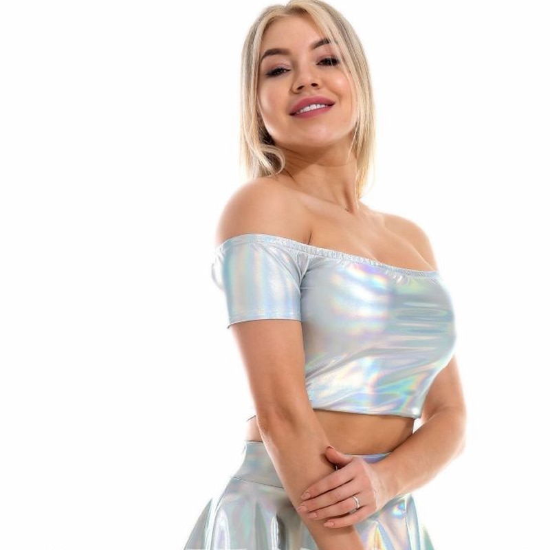 Metallic 1980s Shiny Latex Patent Crop Top PU Leather Off Shoulder Women's Carnival Costume Masquerade Party Bachelorette Party Pride Parade Adults' Top 2025 - $18.49 –P14