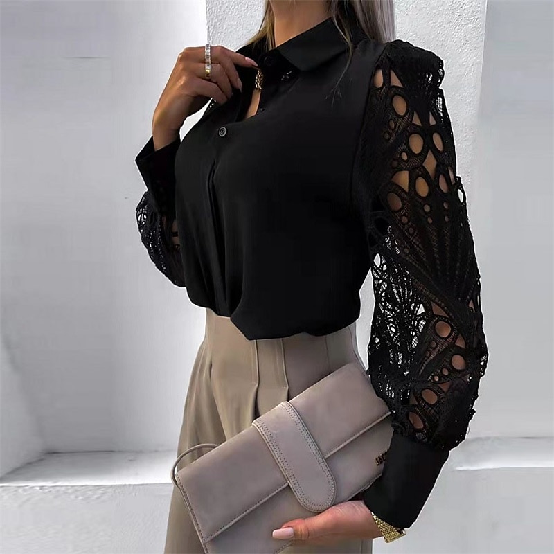 Mulheres Camisa Social Camisa de renda Blusa Topo de ilhó Cor Sólida / Simples Elegante Moda Diário Colarinho de Camisa Escritório Rua Para Noite Patchwork Buraco Preto Branco Primavera & Outono de 2025 por $29.99 –P4