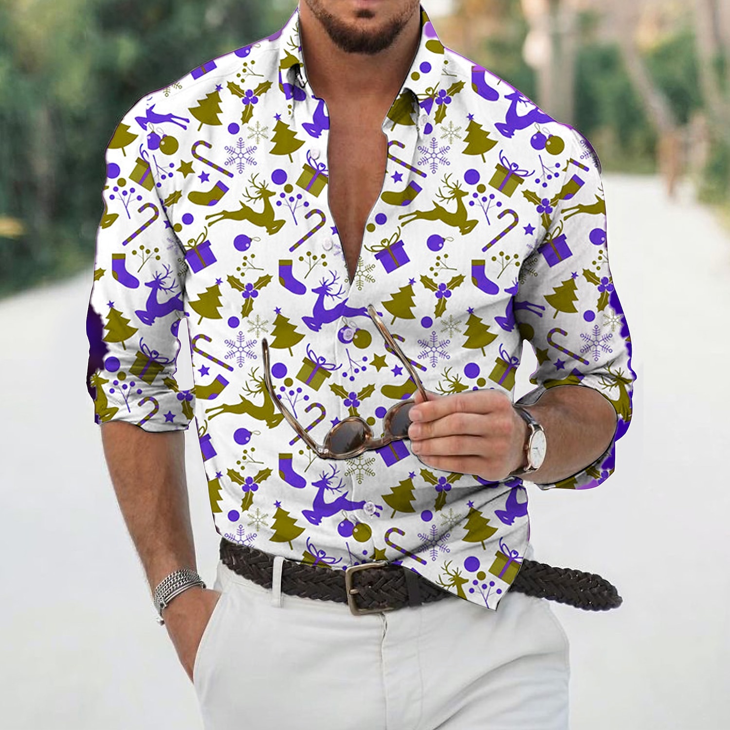 chemises imprimées pour hommes avec scène de Noël, chemises avec imprimés graphiques arbre élan, revers rouge vert violet vert bleu jaune, imprimé 3D, rue, décontracté, manches longues, boutonné, de 2025 ? $26.99 –P3