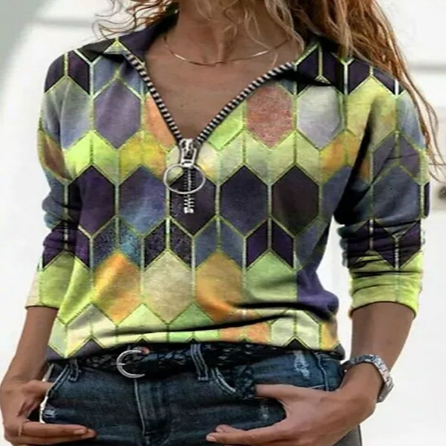 Women's T shirt Tee Blue Purple Orange Geometric Color Block Quarter Zip Print Long Sleeve Casual Daily Basic Shirt Collar Regular S 2025 - $29.99 –P2