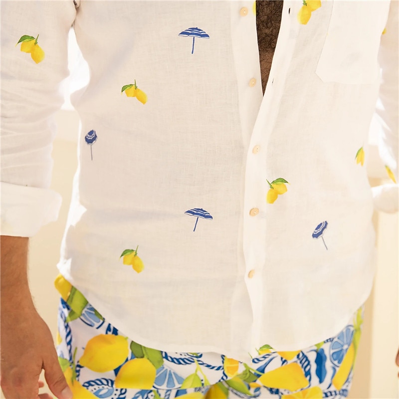 Voor heren Citroengeel Overhemd Hawaiiaans overhemd Aloha-shirt Lange mouw Overhemd Strijkijzer Tropisch Modieus Streetwear Straat Casual Hawaii Wit S M L 2025 - $26.99 –P3