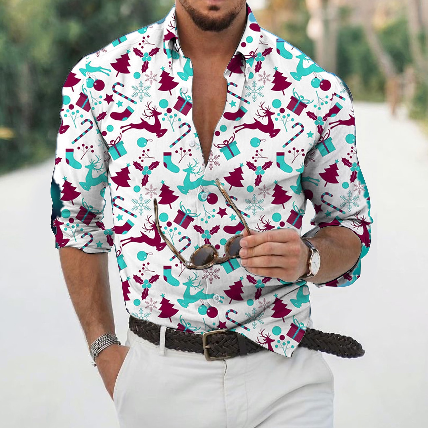 chemises imprimées pour hommes avec scène de Noël, chemises avec imprimés graphiques arbre élan, revers rouge vert violet vert bleu jaune, imprimé 3D, rue, décontracté, manches longues, boutonné, de 2025 ? $26.99 –P5