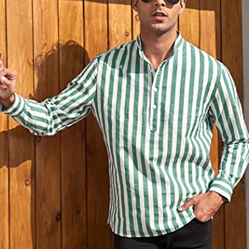 Herren Hemd Hemd mit chinesischem Kragen Hemd mit Stehkragen Popover-Hemd Sommerhemd Freizeithemd Schwarzgrau Blau Staubiges Blau Grün Langarm Gestreift Schwarz & Weiß Kragen Lässig Täglich 2025 - $21.99 –P8