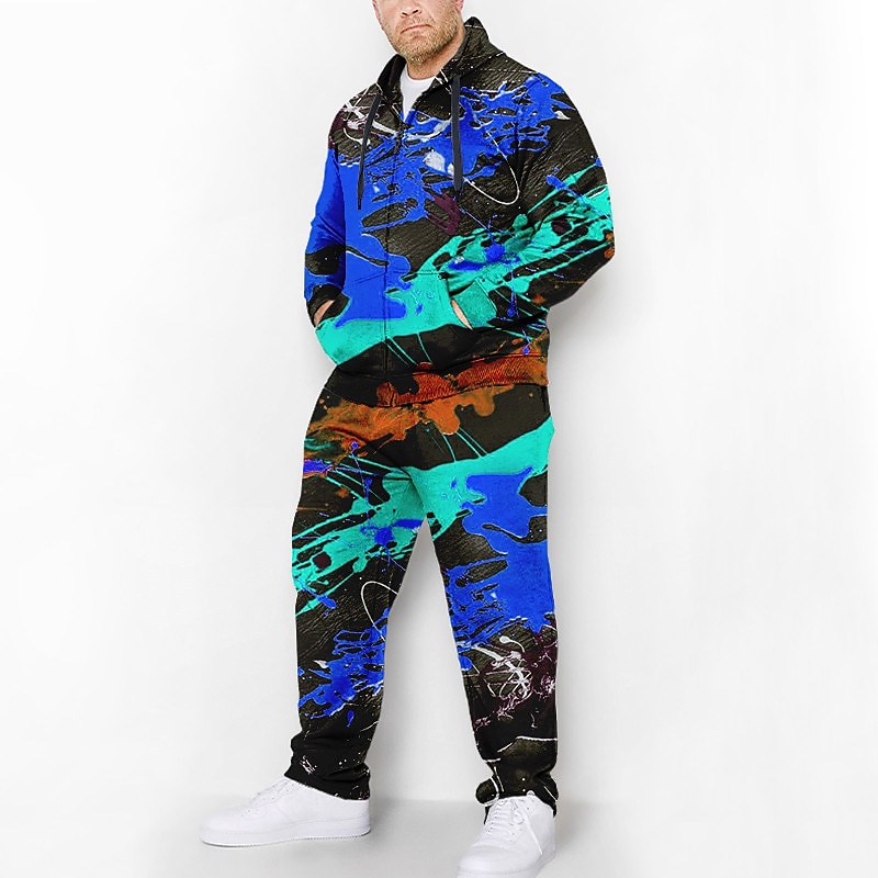Homens Gráfico Graffiti 2pcs Conjuntos de moletom 3D Moletom Moletom com zíper Manga Longa Calças compridas Com Capuz Moda Designer Casual Diário Esportes Para Noite Impressão 3D Amarelo Azul Laranja de 2025 por $61.99 -P1