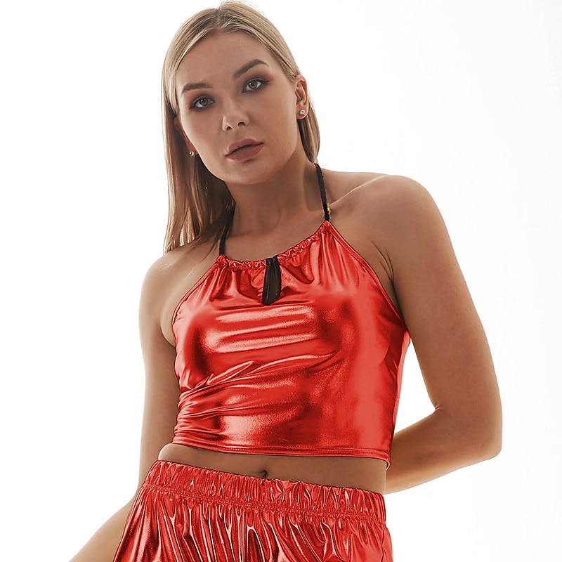 Kovový 80. léta Lesklý latexový patent Krátký top Lodičkový PU kůže Maškarní kostým Dámské Plesová maškaráda Párty loučení se svobodou nevěsty Pride Parade Dospělé Vrchní deska 2026 - $16.99 –P4