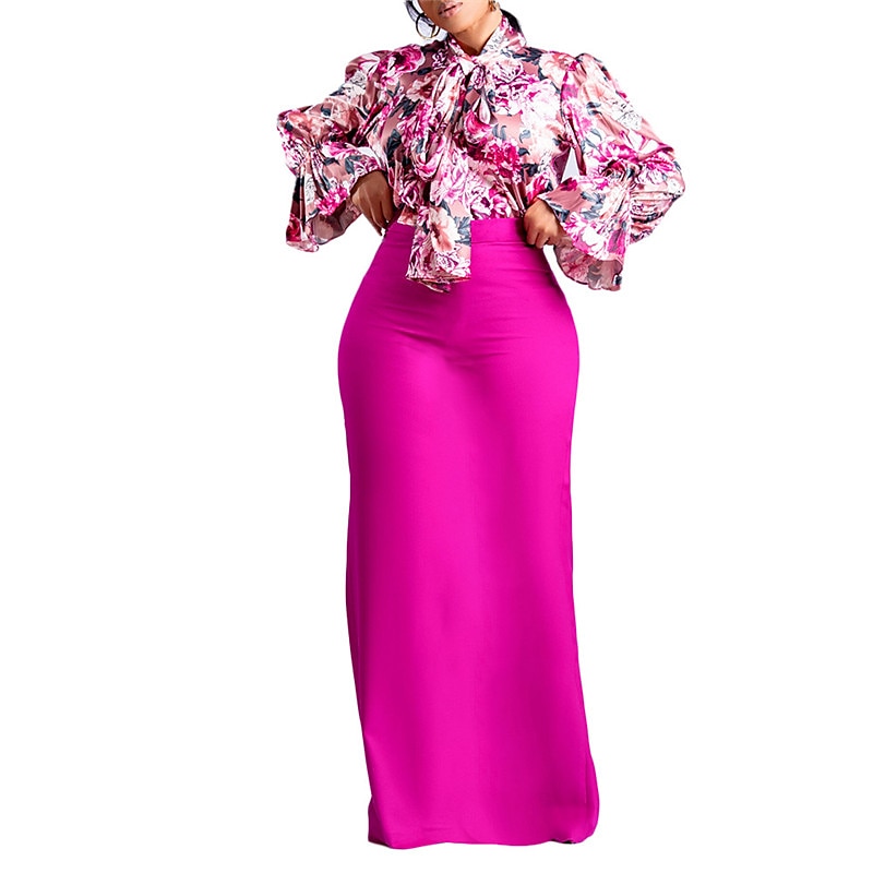 Women's Party Dress Work Dress Two Piece Dress Long Dress Maxi Dress Pink Blue Fuchsia Long Sleeve Floral Lace up Spring Fall Winter Stand Collar Fashion 2023 S M L XL 2XL 3XL 2023 - AED 166 –P4