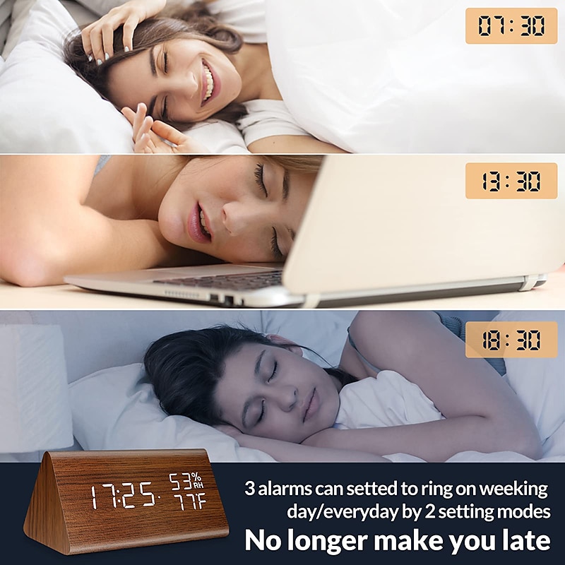 Wooden Digital Alarm Clock with Wooden Electronic LED Time Display 3 Alarm Settings Humidity Temperature Detect Wood Made Electric Clocks for Bedroom 2025 - $28.99 –P8