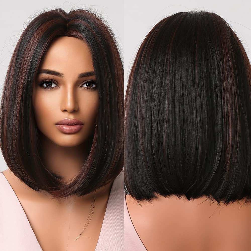 Bob Wig for Women Brown Short Straight Synthetic Hair with Blonde