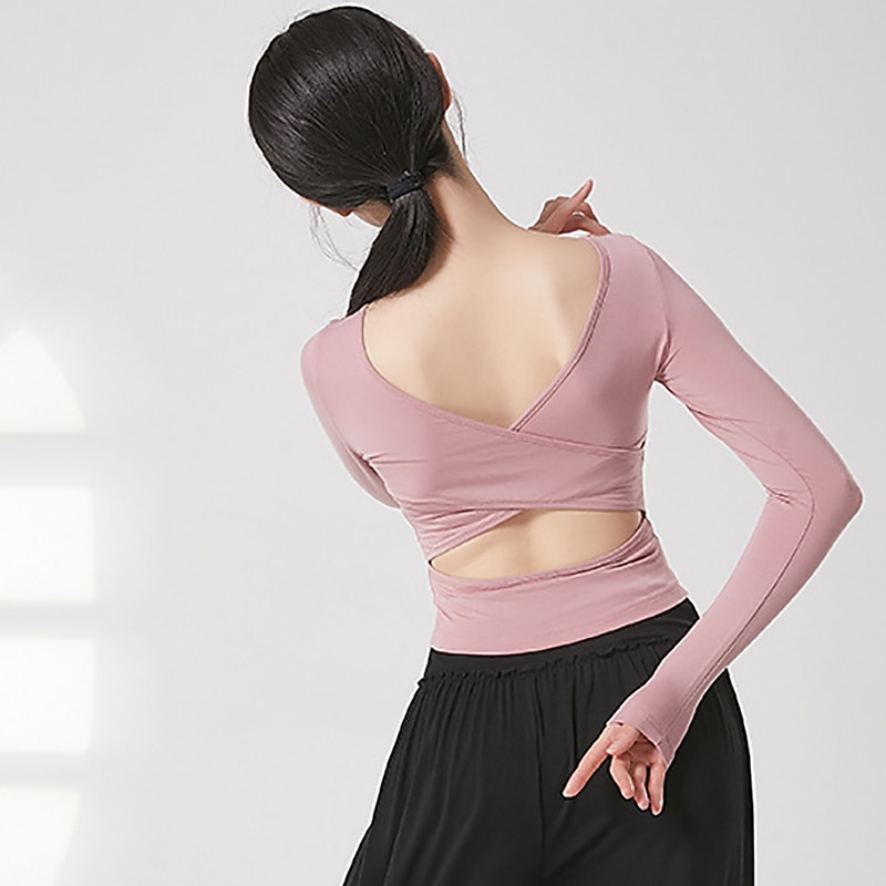 לבוש אקטיבי עליון פתחים צבע טהור בגדי ריקוד נשים הצגה הדרכה שרוול ארוך גבוה פוליאסטר 2026 - $15.99 –P1