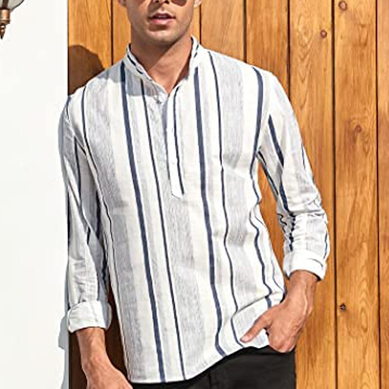 Herren Hemd Hemd mit chinesischem Kragen Hemd mit Stehkragen Popover-Hemd Sommerhemd Freizeithemd Schwarzgrau Blau Staubiges Blau Grün Langarm Gestreift Schwarz & Weiß Kragen Lässig Täglich 2025 - $21.99 –P4