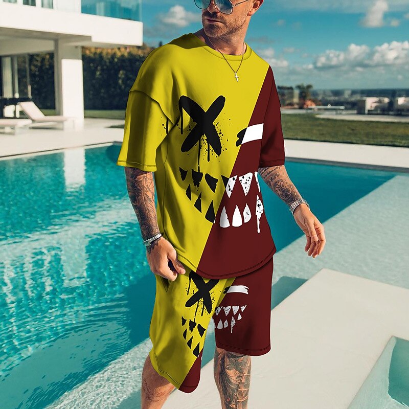 Herr Grafisk Grimas 2st T-shirts uppsättningar Matchande set Kortärmad Korta byxor Rund hals Designer Ledigt Bekväm Utomhus Semester Dagligen 3D-utskrift Vår & sommar Ljusgul Mörkgul Svart och Röd 2025 - $30.99 –P9