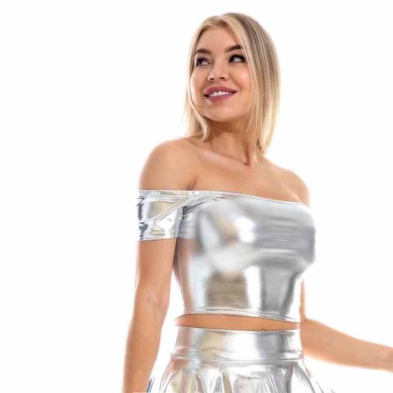 Metallic 1980s Shiny Latex Patent Crop Top PU Leather Off Shoulder Women's Carnival Costume Masquerade Party Bachelorette Party Pride Parade Adults' Top 2025 - $18.49 –P18