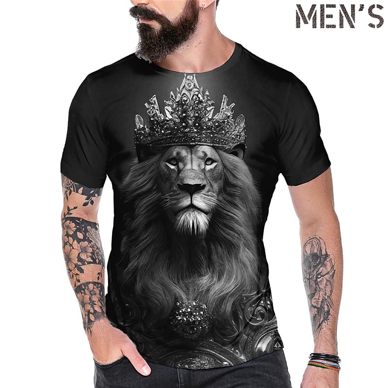 Herre T-shirt Grafisk Dyr Løve Rund hals Tøj 3D-udskrivning udendørs Afslappet Kortærmet Trykt mønster Årgang Mode Designer US