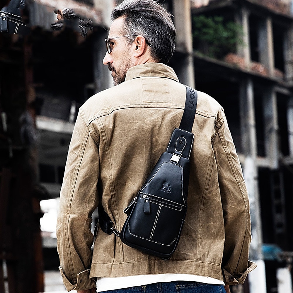 braune Sling Bag aus Leder für Herren mit verstellbarem Riemen und mehreren Reißverschlusstaschen – stylische Crossbody-Reise- und Freizeit-Umhängetasche 2025 - $46.99 –P5