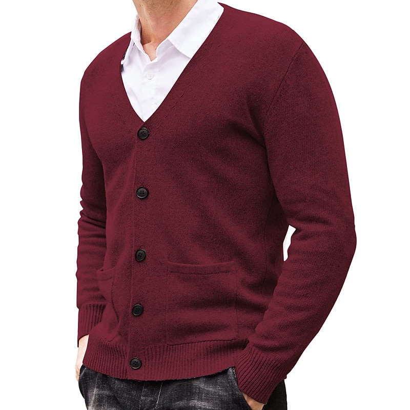 Herr Tröja Cardigan Tröja Ribbad Sticka Stickat Slät V-hals Mode Ledigt Sport Dagliga kläder Kläder Vår & Höst Vinrött Svart M L XL 2025 - $22.99 –P10