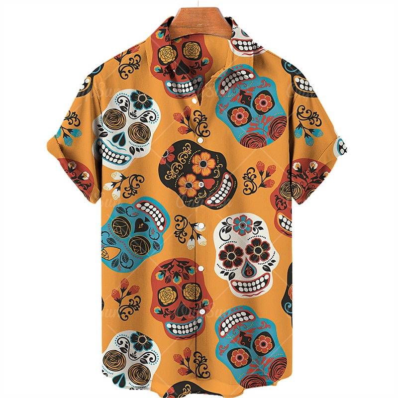 Men's Floral Skull Shirt Summer Hawaiian Shirt Aloha Shirt Short Sleeves Shirt Turndown Tropical Fashion Hawaiian Street Casual Hawaiian Black Yellow Red S M L 2025 - $24.99 –P3