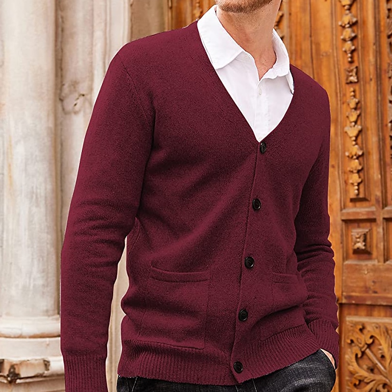 Herr Tröja Cardigan Tröja Ribbad Sticka Stickat Slät V-hals Mode Ledigt Sport Dagliga kläder Kläder Vår & Höst Vinrött Svart M L XL 2025 - $22.99 –P11