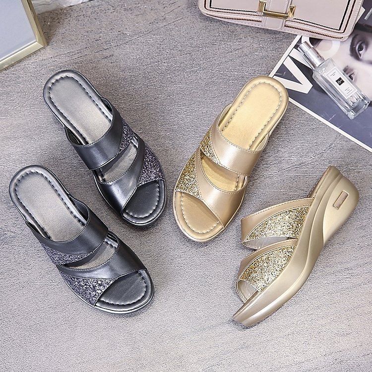 sandales compensées à paillettes pour femmes - chaussures à plateforme dorées à enfiler avec semelle confortable pour une tenue décontractée et de fête de 2025 ? $24.99 –P1