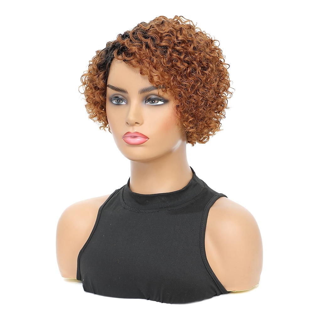 peruca encaracolada loira perucas de cabelo humano 8 polegadas curto bob pixie corte brasileiro peruca de cabelo humano loira mel com raízes escuras afro kinky nenhum peruca frontal de renda para de 2026 por $29.99 –P5