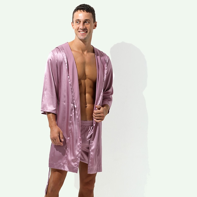 Herren Morgenmantel Bademantel Einfarbig Stilvoll Casual Heim Täglich Bett Polyester Atmungsaktiv Weich Kapuzenpullover Langarm Frühling Sommer Weiß Rosa 2025 - $27.99 –P12