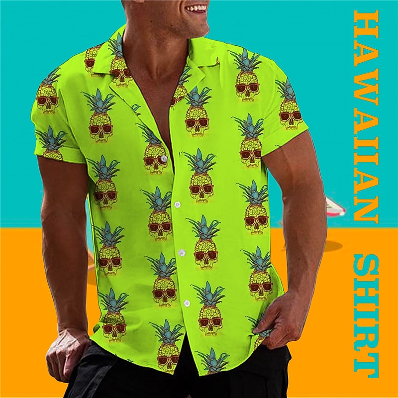 Men's Skull Pineapple Shirt Summer Hawaiian Shirt Aloha Shirt Short Sleeve Shirt Turndown Tropical Fashion Hawaiian Casual Beach Hawaiian Blue Yellow Light Green S M L 2026 - $25.99 –P1