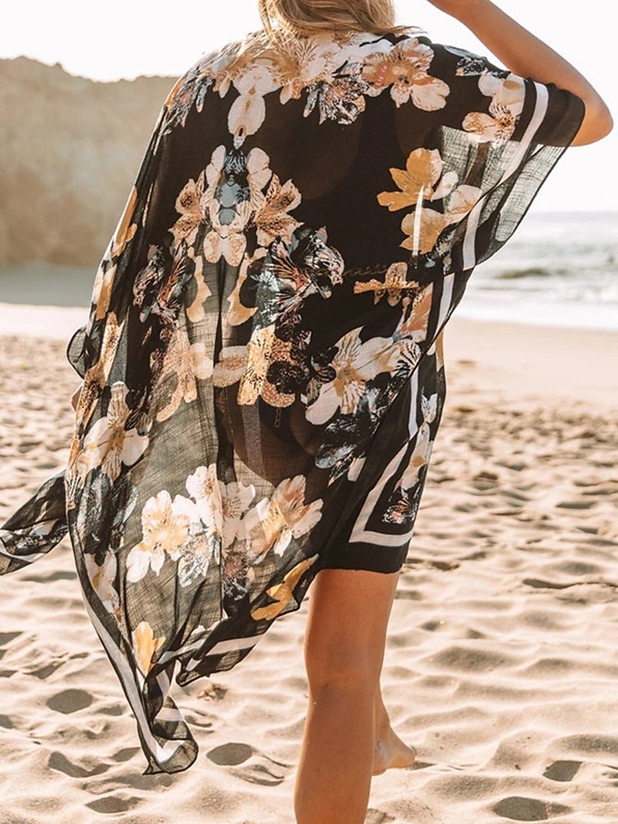 Per donna Prendisole Abito da spiaggia Abbigliamento da spiaggia Vestito longuette Stampa Essenziale Informale Floreale Apertura anteriore Mezza manica Morbido Esterno Giornaliero Nero Blu marino 2023 del 2025 a $32.99 –P6