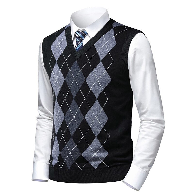 Men's Sweater Sweater Vest Pullover Ribbed Knit Knitted Plaid V Neck Stylish Casual Daily Wear Vacation Clothing Apparel Spring & Fall Camel Black S M L 2025 - $32.99 –P4
